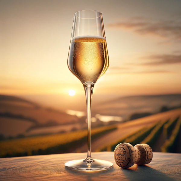 L'immagine rappresenta un calice di Champagne in primo piano con vicino un tappo appoggiato su una base di legno. Sullo sfondo il paesaggio della Champagne al tramonto.